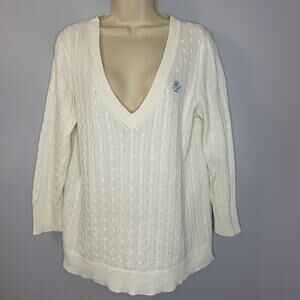 Polo Jeans Ralph Lauren Women’s White Cotton Cable Knit V-Neck Sweater Tennis XL